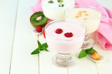 Delicious yogurt with fruit and berries on table close-up