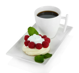 Tasty meringue cake with berries and cup of coffee, isolated