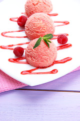 Delicious ice cream on plate on table close-up