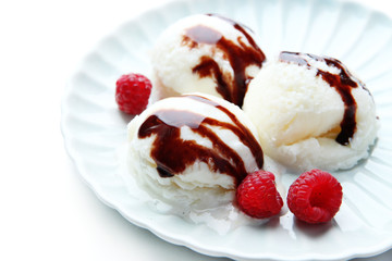 Delicious ice cream on plate close-up