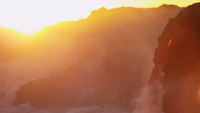 Molten Lava Causing Steam Ocean Waves Sunset 