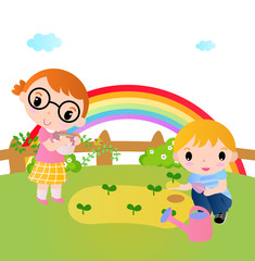 Obraz na płótnie Canvas Two happy kids planting plants in the garden