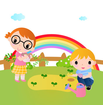 Two happy kids planting plants in the garden Stock Vector | Adobe Stock