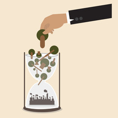 Hand put tree into hourglass that transformed to industry