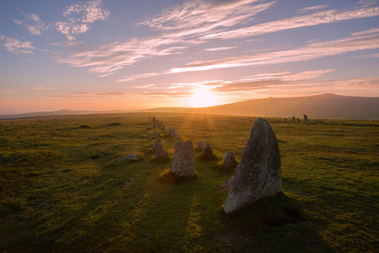 Sunset over Merrivale, Dartmoor Devon Uk