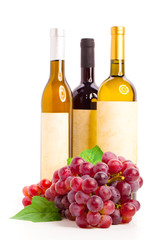 Bottle of red and  white wine with grapes, white background