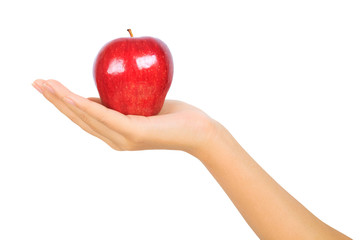 Isolated female hand with a red apple on white