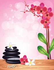 Spa stones and flowers on orchid background