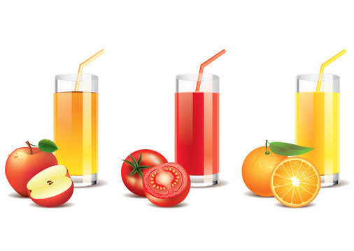 Apple, tomato and orange juice vector
