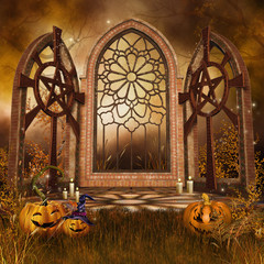Gotycki ołtarz z dyniami na Halloween - obrazy, fototapety, plakaty