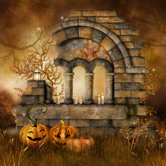 Ruiny na łące i dekoracje na Halloween