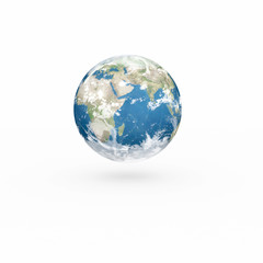 3D Earth model on white background with shadow.