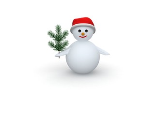 3D snowman with Santa Claus hat and pine branch on white