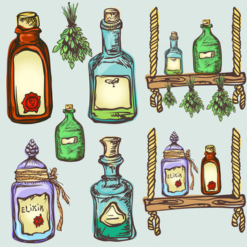 alchemy magic craft, set of potions and elixirs