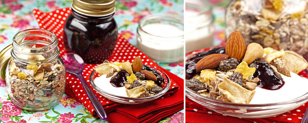 Müsli mit Joghurt und Preiselbeergelee