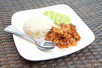 Closeup of rice with fried pork and garlic