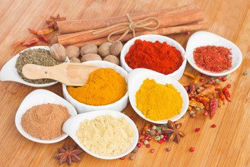 colorful plates of spices on  table