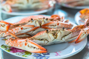 Steamed crabs, ready to eat seafood on the beach