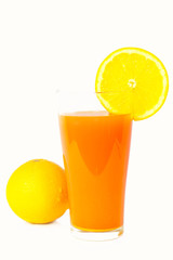 Orange juice and slices of orange on white