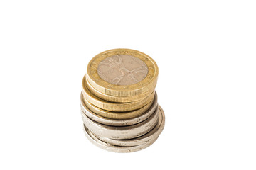 Stack of Euro coins isolated on white background