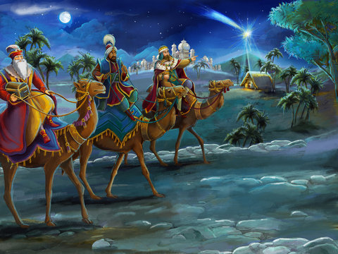 Illustration of the holy family and three kings