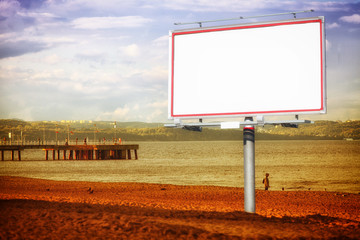 White billboard and Baltic sea pier Gdansk Poland.