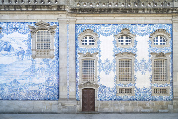 traditional tiled church in central porto portugal - obrazy, fototapety, plakaty