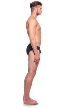side view of a man in his underware