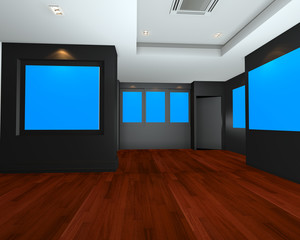 Empty room interior with blue chromakey backdrop canvas