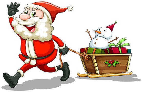A smiling Santa pulling a sleigh