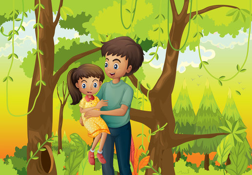 A forest with a father carrying his daughter
