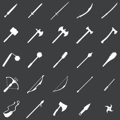 vector set of 25 white medieval weapon icons