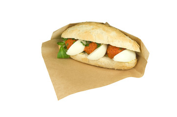 Luxury sandwich steak tartare with egg on white background.