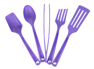 Plastic kitchen utensils isolated on white