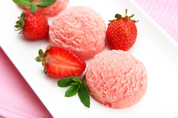 Delicious ice cream on plate close-up