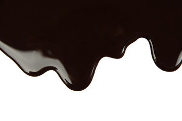 Melted chocolate dripping on white background