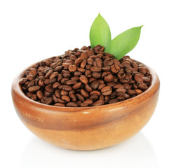 Coffee beans in bowl isolated on white