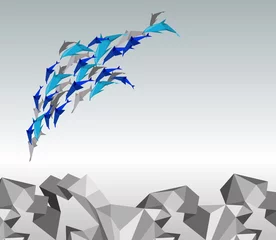 Deurstickers Geometrische dieren illustratie van papieren dolfijnen in een sprong.