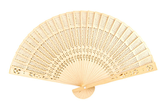 wooden oriental fan isolated on white background