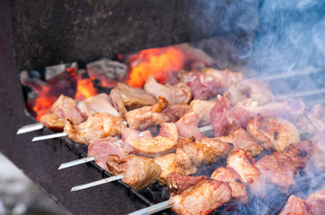 Juicy slices of meat with sauce prepare on coals
