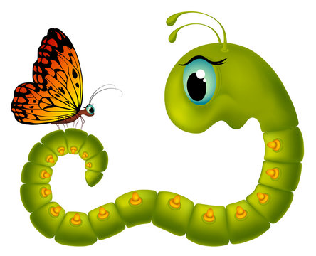Cartoony caterpillar looking at a butterfly