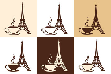 Silhouette of the Eiffel Tower and a cup of coffee. Logo - obrazy, fototapety, plakaty