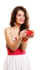 Girl opening small red gift box isolated