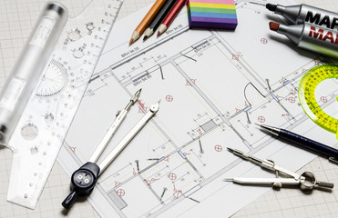 dividers, ruler and pencil