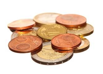 european currency euro coins money on white