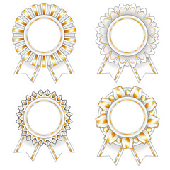Four white and gold rosettes