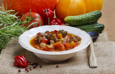 Hungarian goulash with meat and fresh vegetables