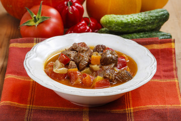 Hungarian goulash with meat and fresh vegetables