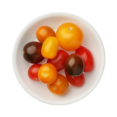 Cherry tomatoes in a bowl isolated on white background, close up
