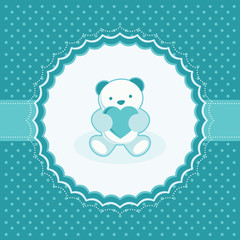 Greeting card with teddy bear for baby boy. Vector illustration.